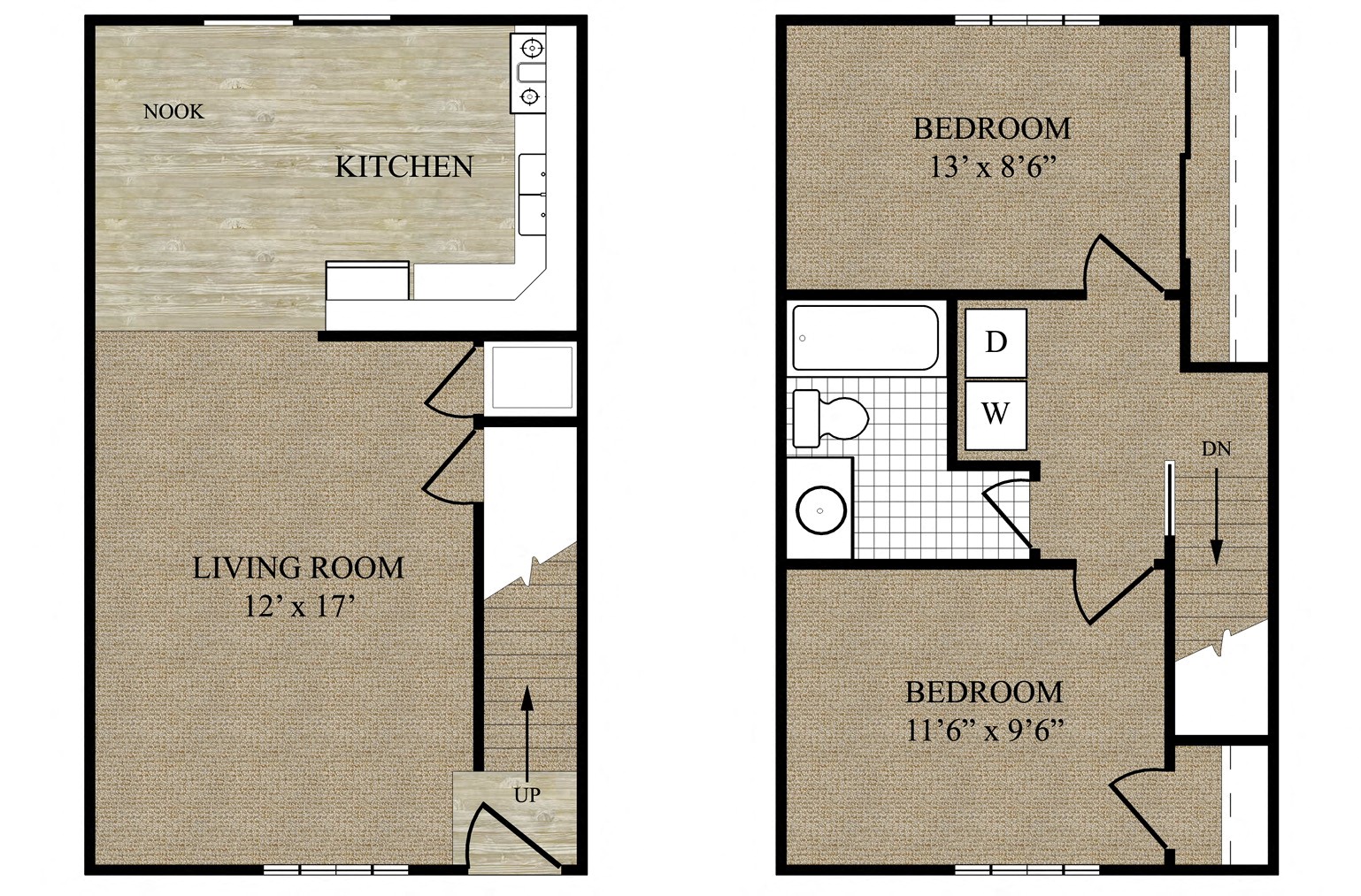 Floor plan for 2 beds, 1 bath, 940 sqft